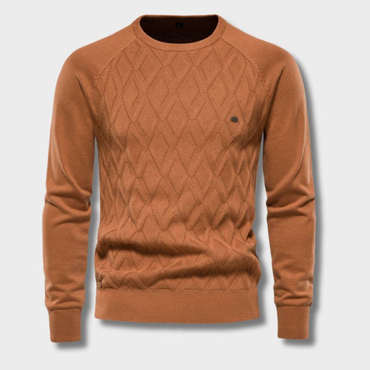 Brauner Herrenpullover aus Baumwolle mit Rautenmuster, Rundhalsausschnitt, elegantes Design.