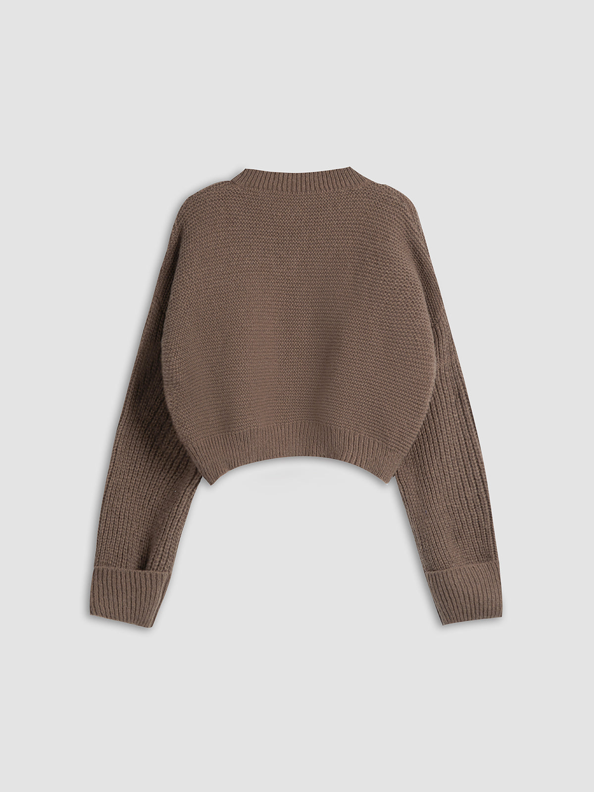 Brauner Strickpullover Damen, langärmelig, grob gestrickt, modisch, Herbstmode, Rückansicht.