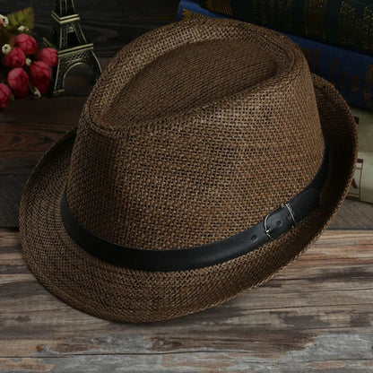 Brauner Fedora-Hut aus Stroh mit schwarzem Band, stilvoller Sommerhut für Herren.