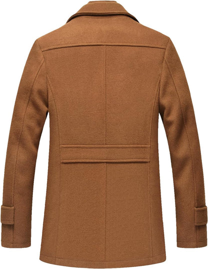 Brauner Herrenmantel aus Wolle, klassischer Schnitt, elegantes Design, Wintermode.