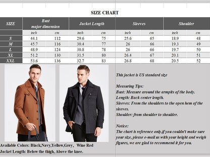 Größentabelle für Herrenjacken, Größen S-XXL, Farben: Schwarz, Marine, Gelb, Grau, Weinrot.