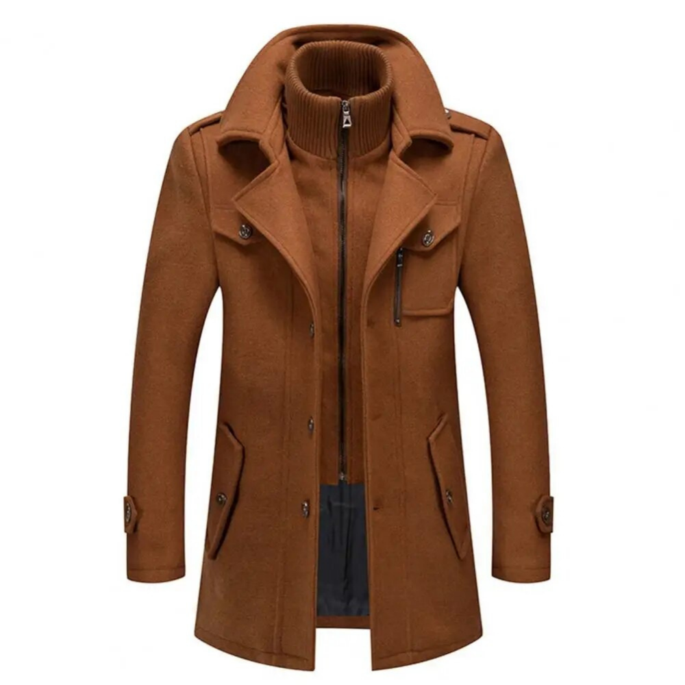 Brauner Herrenmantel aus Wolle mit Reißverschluss und Knöpfen, elegantes Design, Herbstmode.