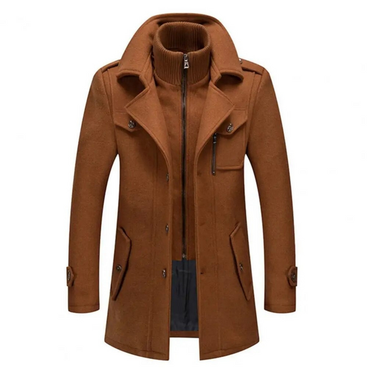 Brauner Herrenmantel aus Wolle mit Reißverschluss und Knöpfen, elegantes Design, Herbstmode.