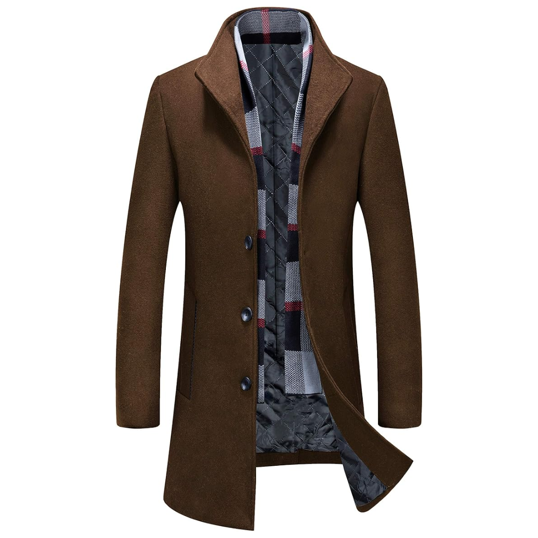 Brauner Herrenmantel, Wollmischung, elegantes Design, kariertes Innenfutter, Wintermode.