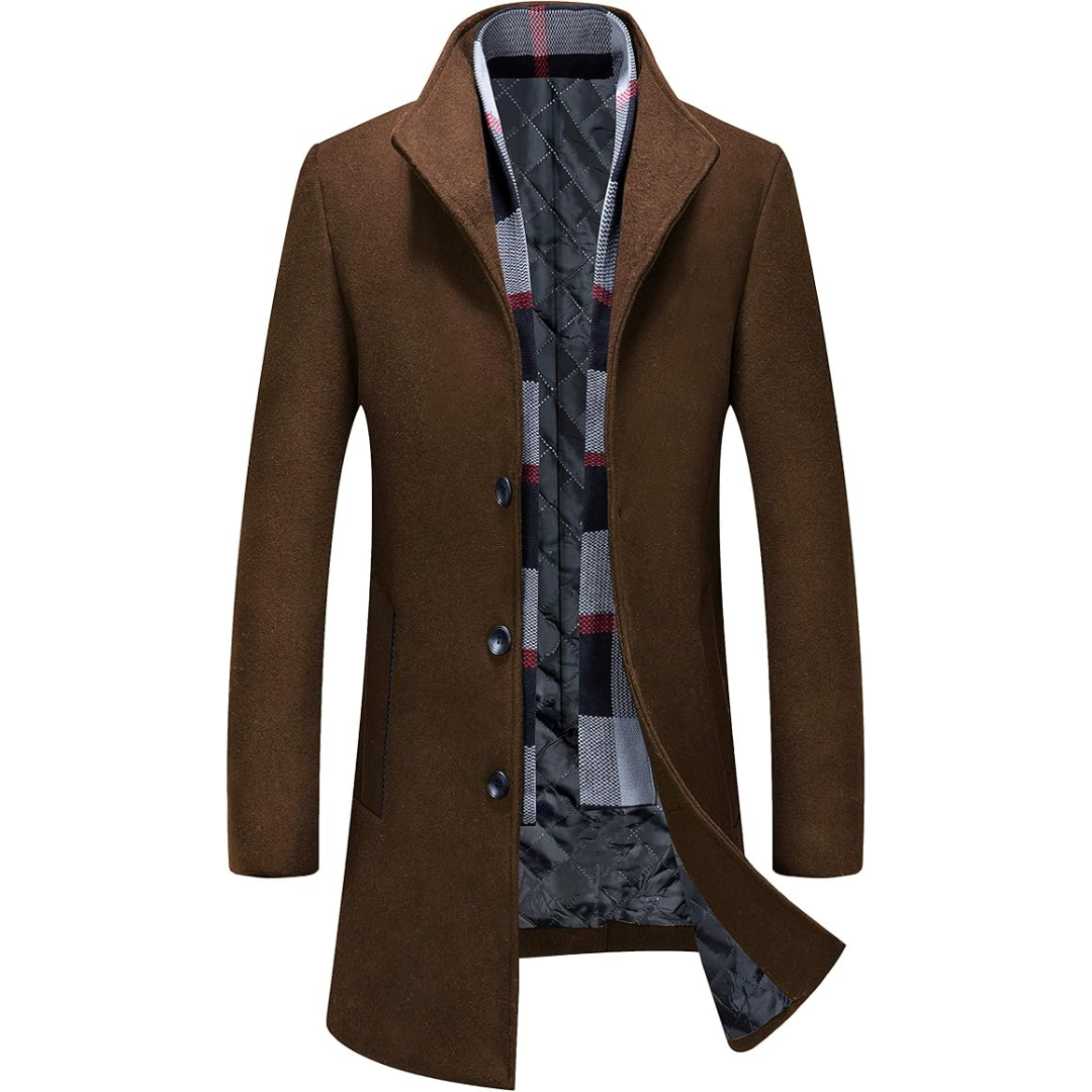 Brauner Herrenmantel, Wollmischung, kariertes Innenfutter, eleganter Wintermantel.