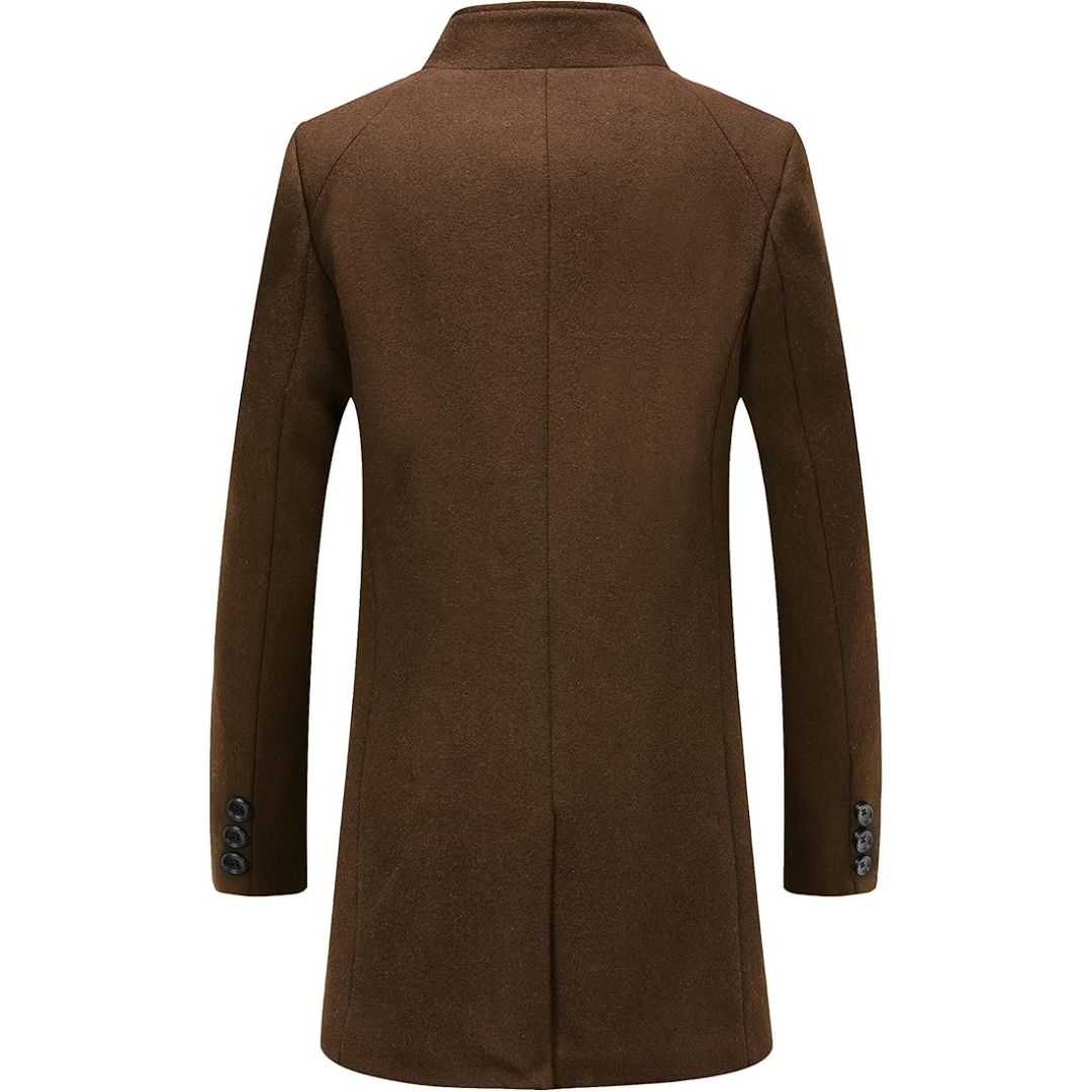 Brauner Herrenmantel, elegantes Design, Knöpfe, Wintermode, hochwertiger Wollstoff.
