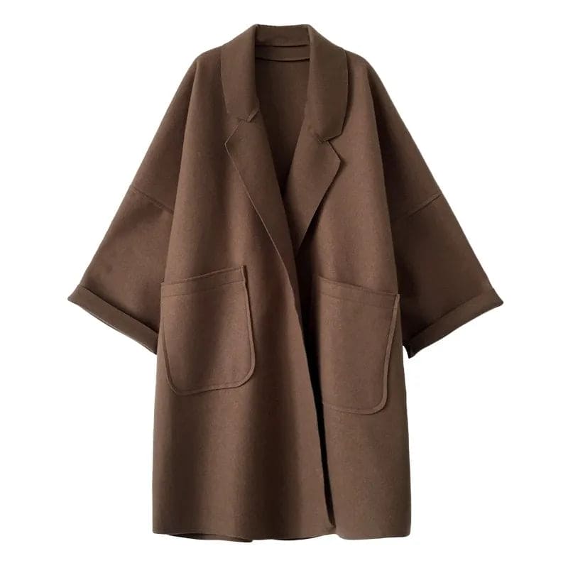 Brauner Oversize-Mantel aus Wolle mit Taschen, Damenmode, Herbst-Winter, stilvoller Look