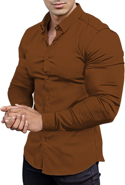 Braunes Herrenhemd, langärmelig, Slim Fit, Baumwolle, elegant, Freizeitmode.