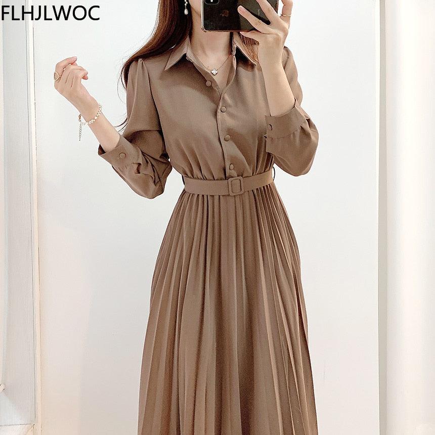 Braunes Hemdkleid Damen, langärmelig, Gürtel, Faltenrock, elegantes Design, Modekleidung.