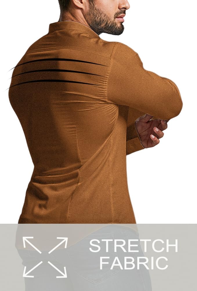 Braunes Herrenhemd aus Stretchstoff, langärmelig, figurbetont, modisch.