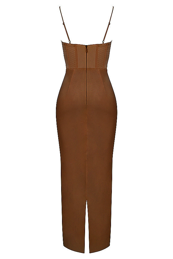 Braunes, ärmelloses Midikleid mit Korsett-Design und Spaghettiträgern, elegantes Abendmode.