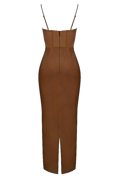 Braunes, ärmelloses Midikleid mit Korsett-Design und Spaghettiträgern, elegantes Abendmode.