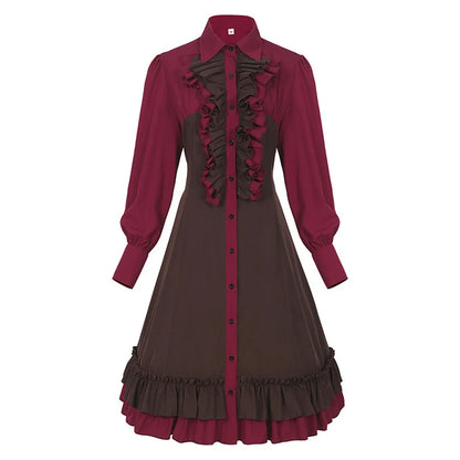 Burgunderrotes und braunes Vintage-Kleid mit Rüschen, langärmelig, Knopfleiste, Damenmode.