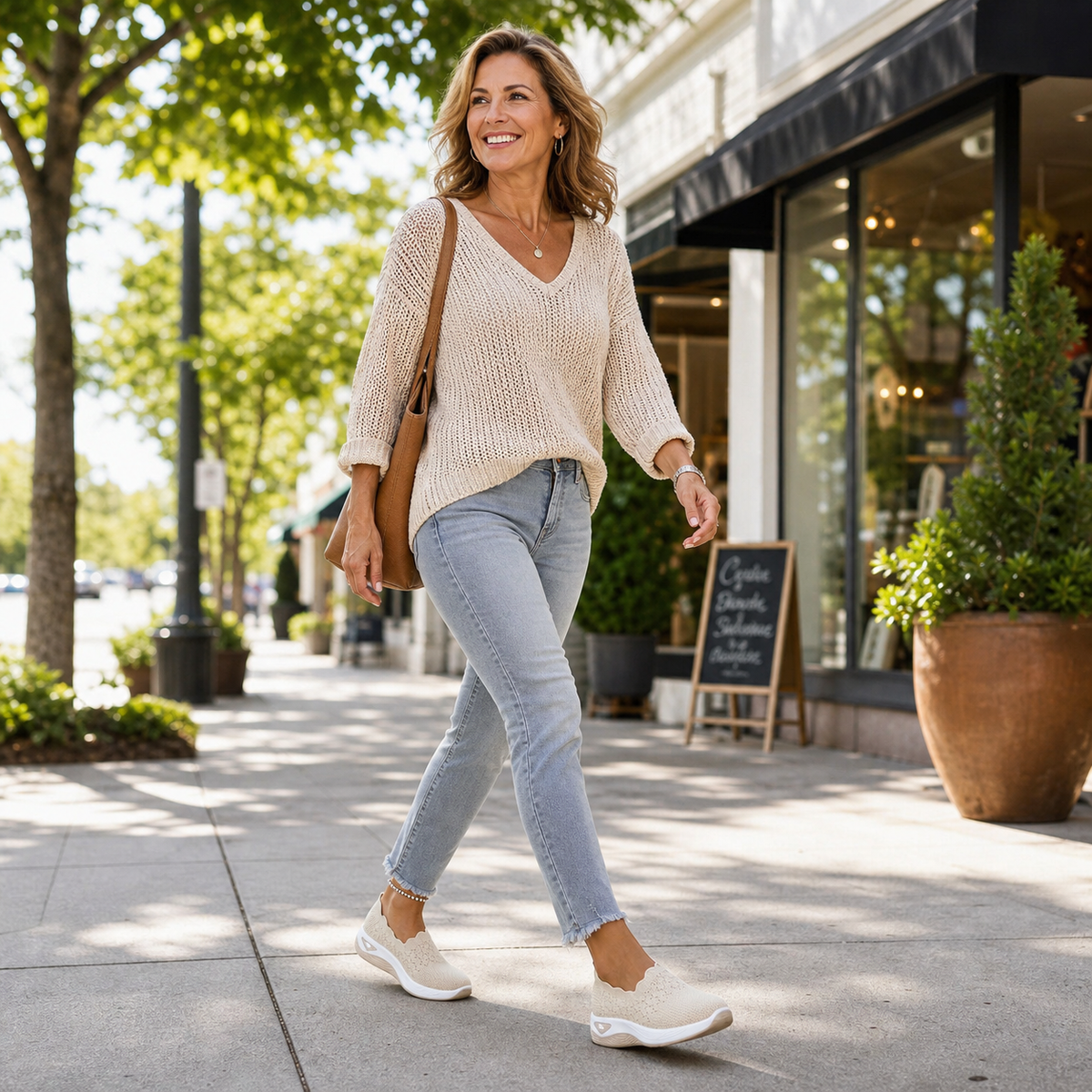 Kvinna i beige stickad tröja och jeans promenerar på en gata i beige instegsskor 7