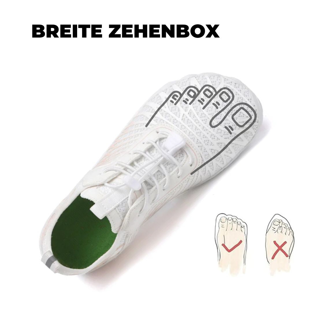 Weiße Barfußschuhe mit breiter Zehenbox, ideal für natürliche Fußbewegung und Komfort.