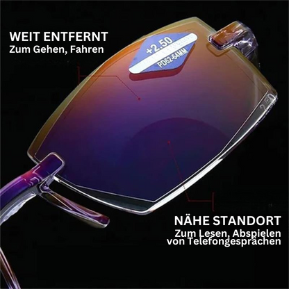 Brille mit Gleitsichtgläsern, lila Rahmen, ideal zum Lesen und Fahren.