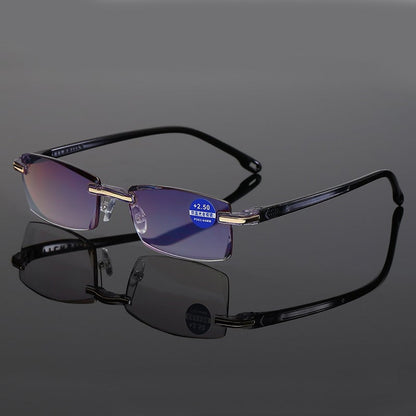 Brille mit Halbrand, lila Gläser, +2.50 Dioptrien, schwarz-goldenes Gestell, Lesebrille.