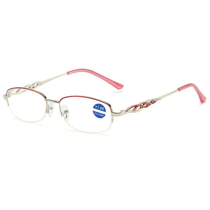 Silberne Lesebrille mit rosa Bügeln, rechteckige Gläser, stilvolles Design, Damenmode.