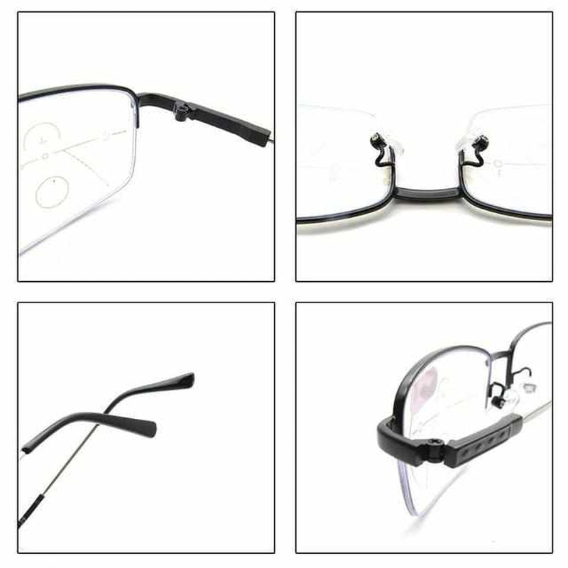 Brille mit schwarzem Metallrahmen, rechteckige Gläser, Nahaufnahme, modisch, langlebig.