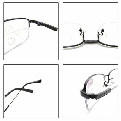 Brille mit schwarzem Metallrahmen, rechteckige Gläser, Nahaufnahme, modisch, langlebig.