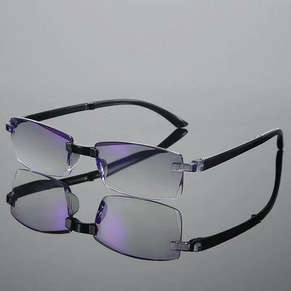 Randlose Brille mit schwarzen Bügeln, rechteckige Gläser, Antireflexbeschichtung, Unisex.
