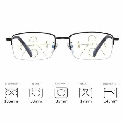 Schwarze rechteckige Brille mit Abmessungen, ideal für Herren, 135mm Breite, 53mm Gläser.