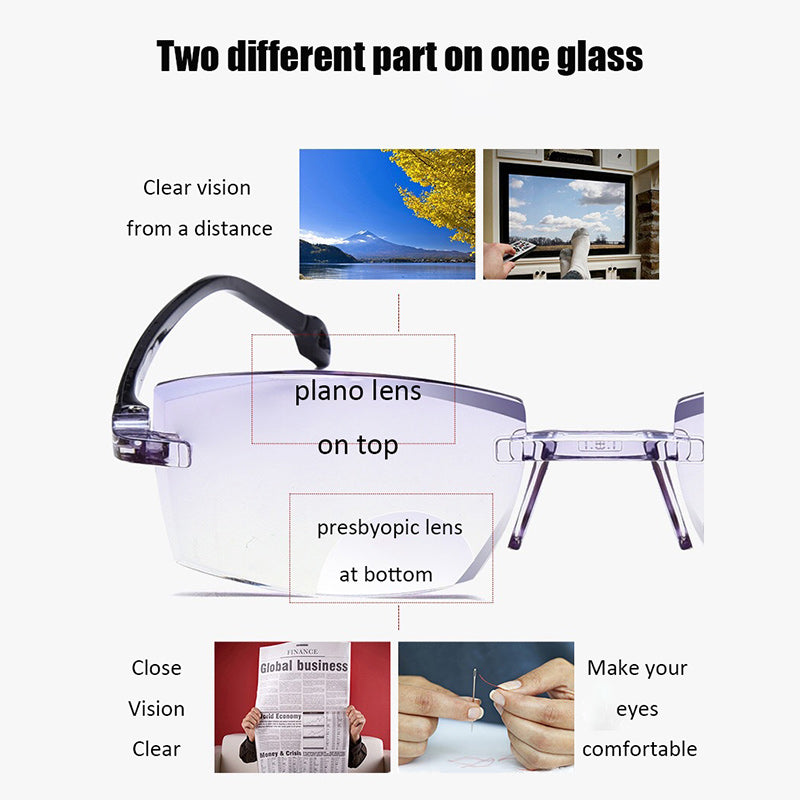 Brille mit doppeltem Linsensystem, klare Sicht, Fern- und Nahsicht, transparentes Gestell.