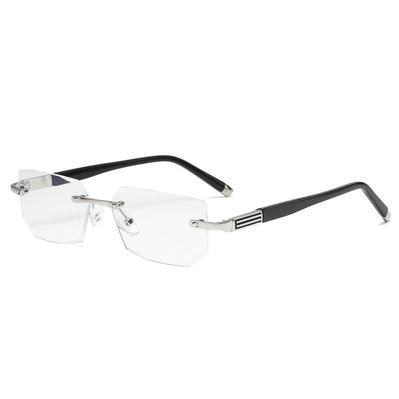 Transparente randlose Brille, rechteckige Gläser, schwarzer Rahmen, Unisex-Design.