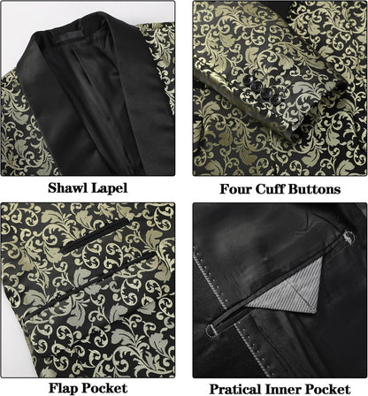 Schwarzes Sakko mit goldenen floralen Mustern, Schalkragen, Manschettenknöpfen, Taschen.
