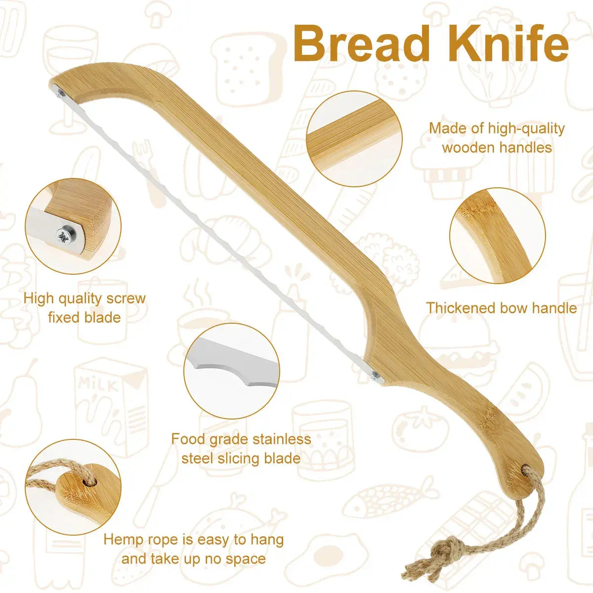 Brotmesser aus Edelstahl mit Holzgriff, gebogenem Design, ideal zum Schneiden von Brot.