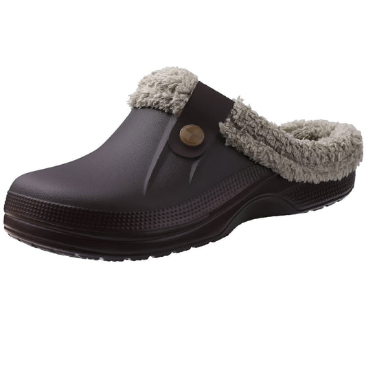 Brauner Clog mit Fellfutter, rutschfest, bequem, ideal für den Winter, Unisex-Hausschuhe.