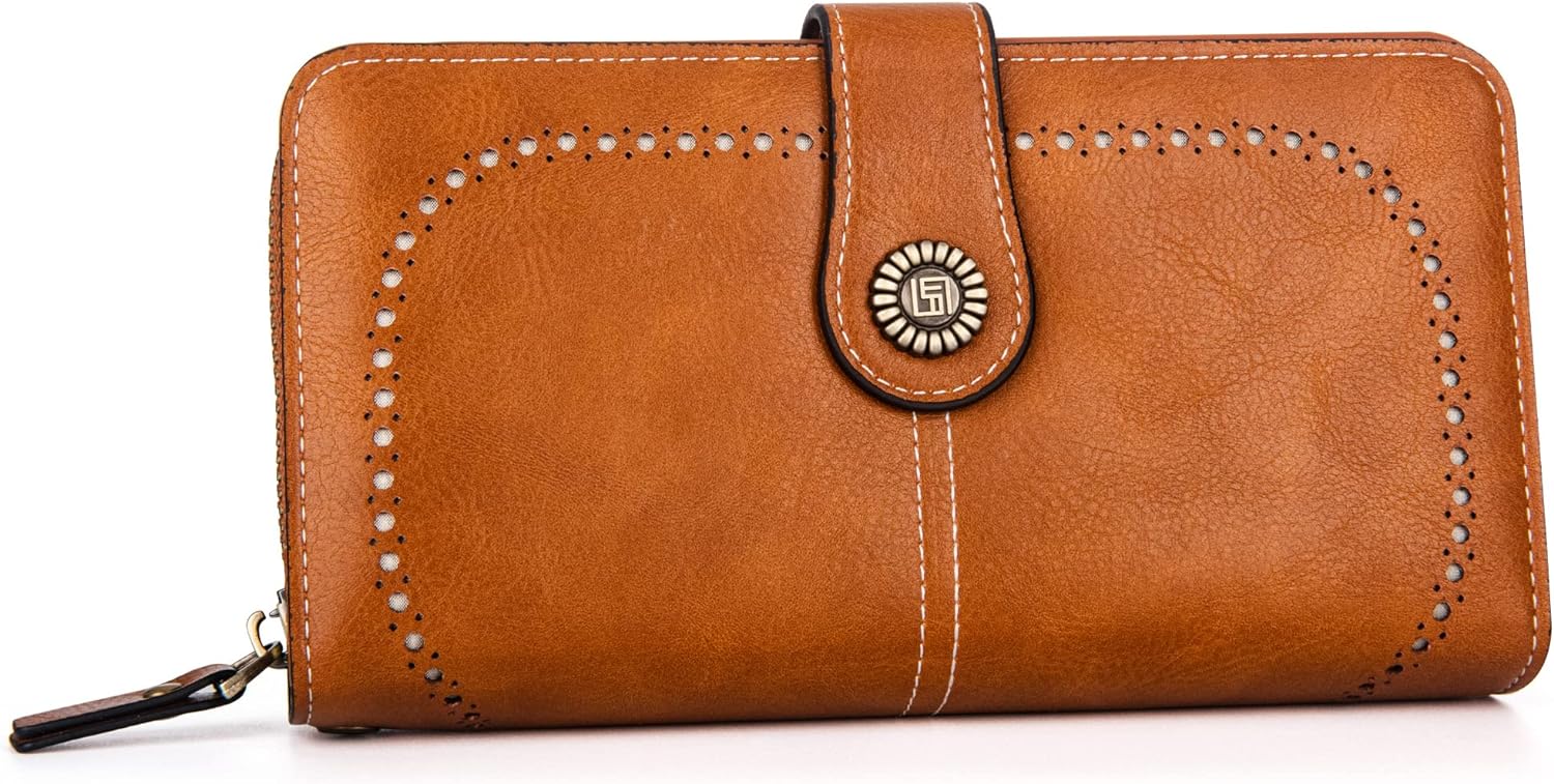 Braune Damen-Lederbrieftasche mit Druckknopfverschluss und dekorativen Nähten.