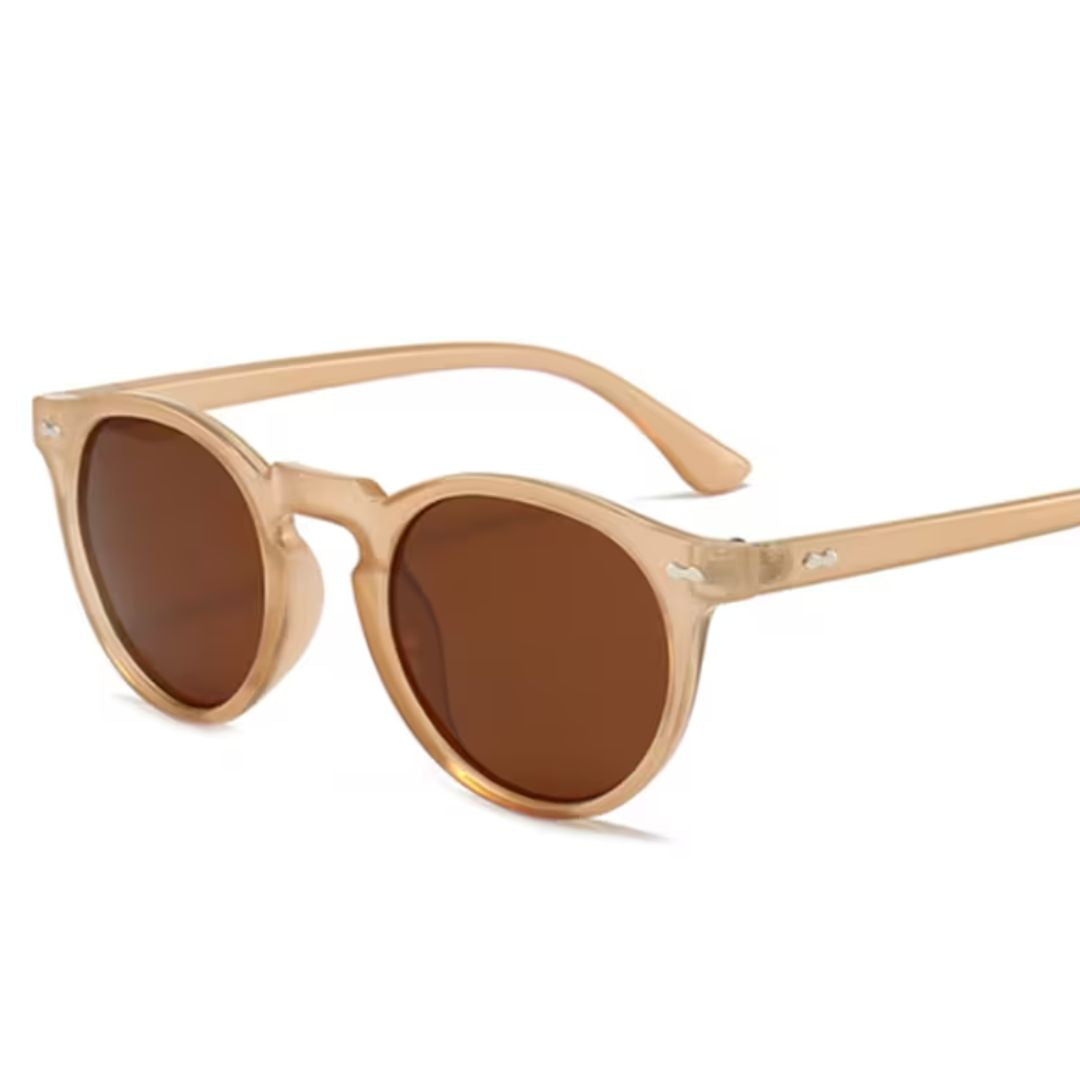 Beige Sonnenbrille mit runden braunen Gläsern, modisches Accessoire, UV-Schutz.