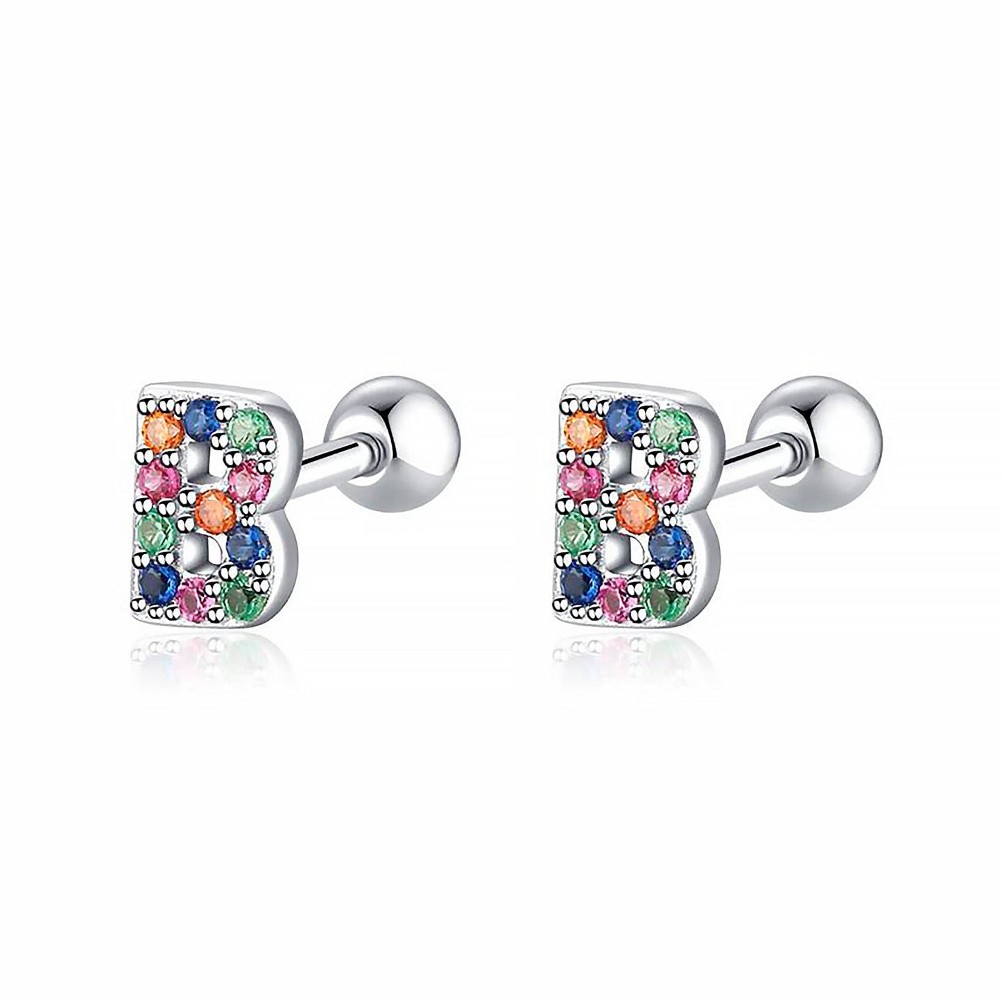 Buchstaben-Ohrringe B, bunt, Silber, Zirkonia, modischer Schmuck, Damenaccessoire.