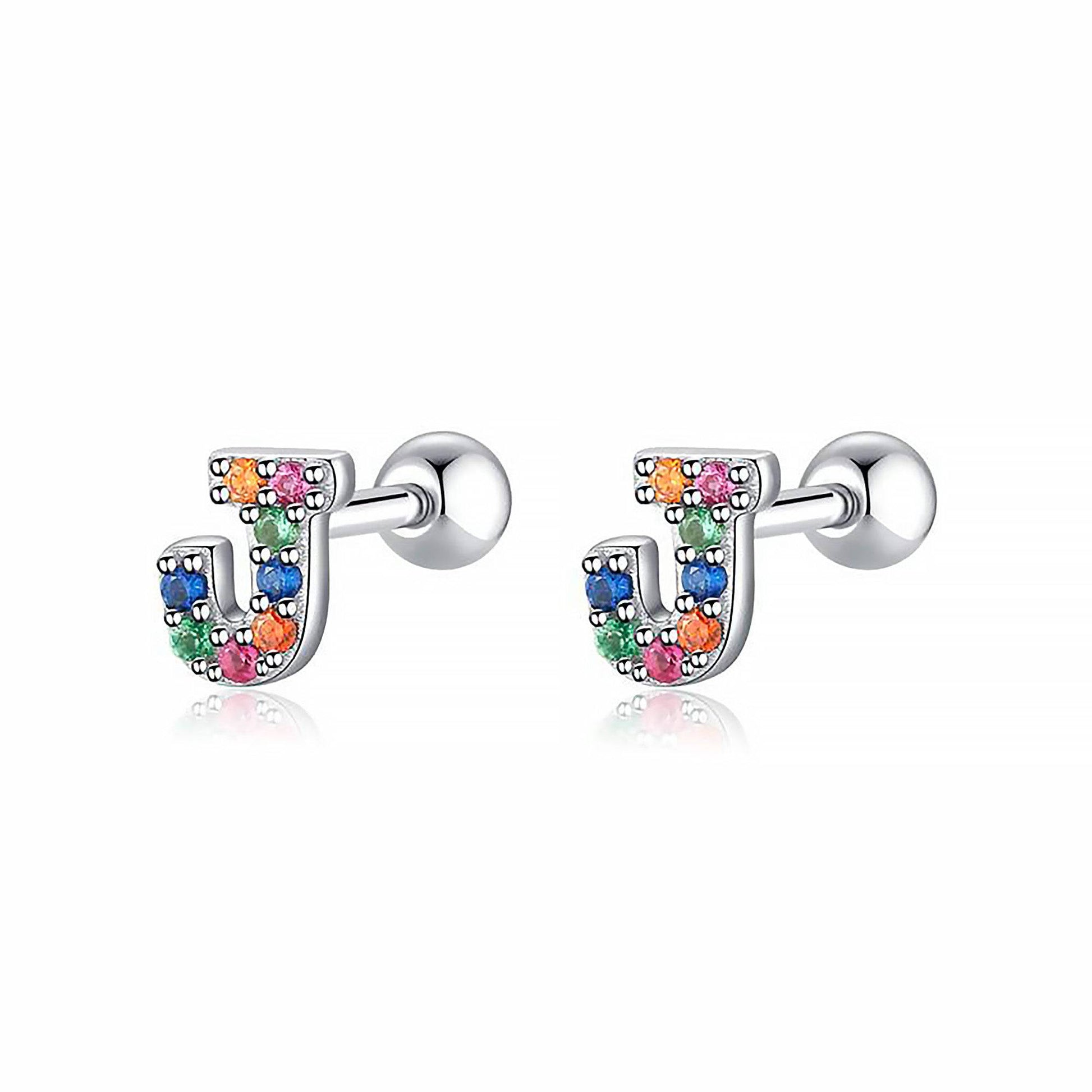 Bunte Buchstaben-Ohrringe, J-Form, Silber, mit farbigen Kristallen, modischer Schmuck.
