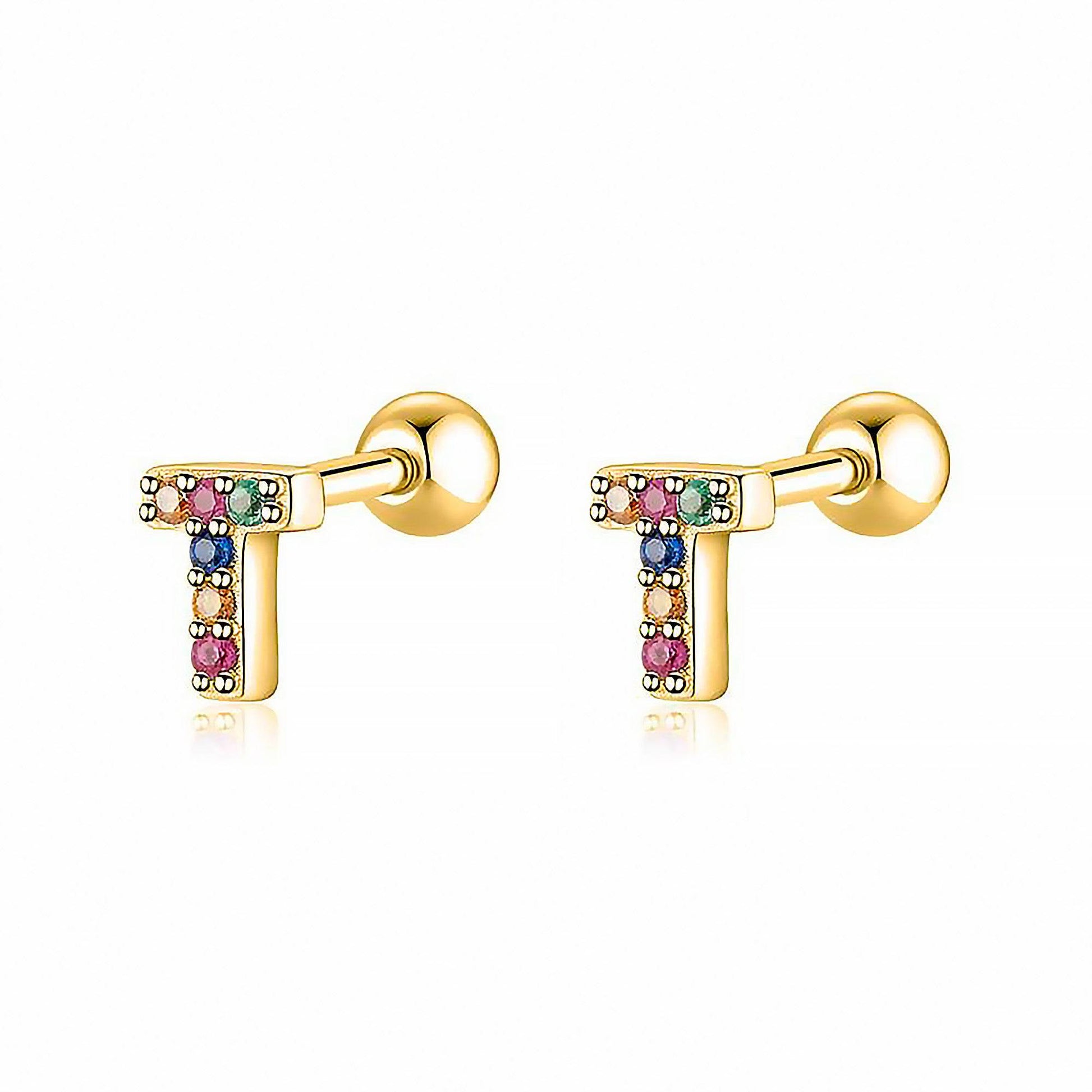 Goldene Ohrringe mit bunten Buchstaben, Schmuck, modisch, Damenaccessoire, Geschenkidee.