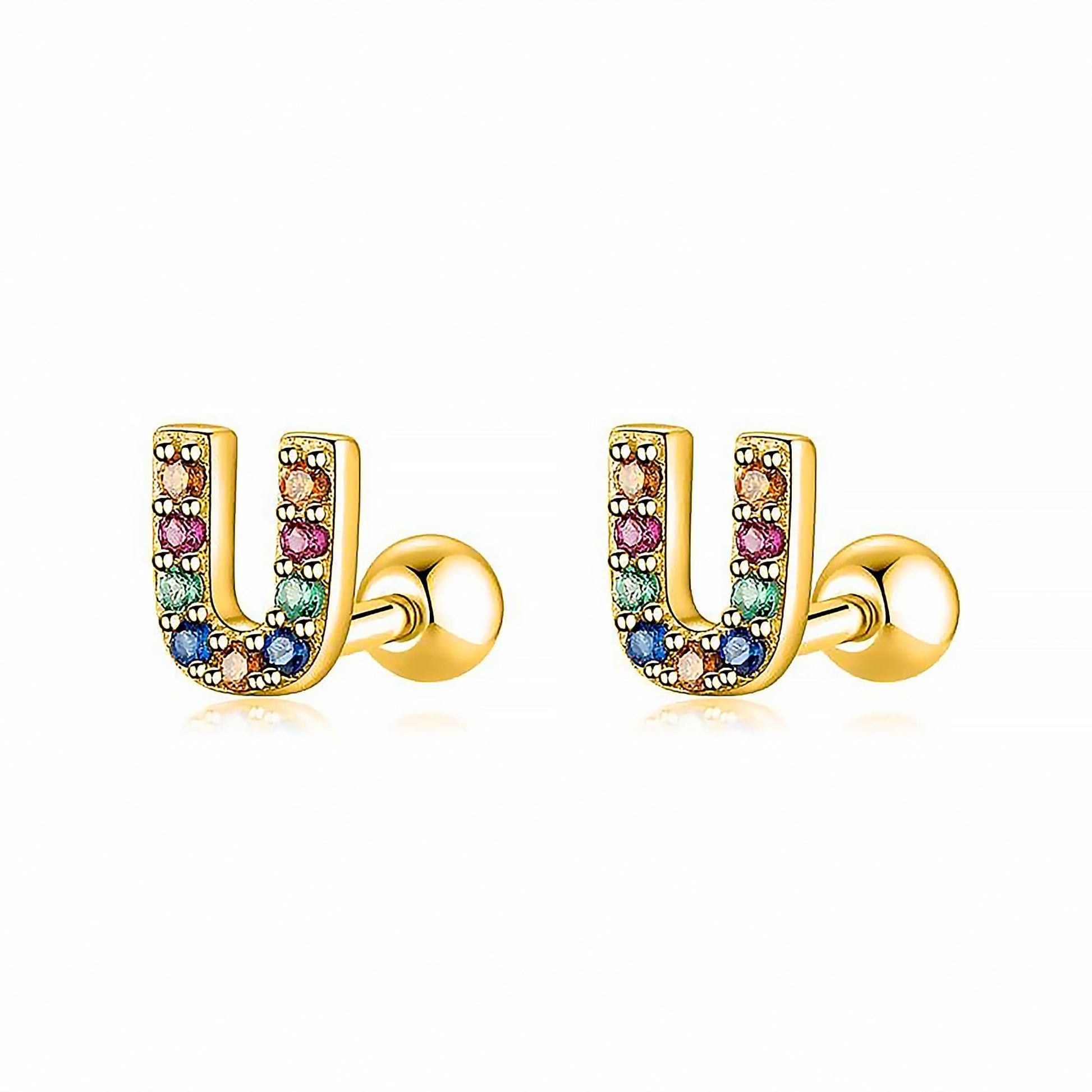 Goldene Ohrringe mit bunten Buchstaben, Schmuck, modische Accessoires, Geschenkideen.