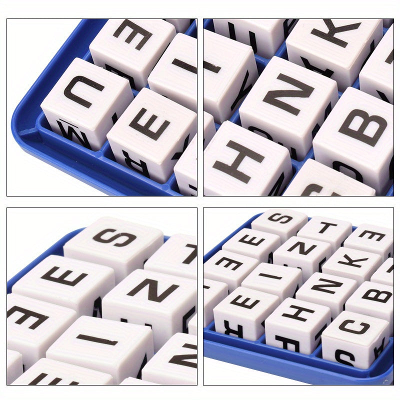 Buchstabenspiel mit weißen Würfeln und schwarzen Buchstaben in blauem Tablett, Lernspielzeug.