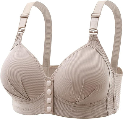 Beiger, nahtloser Damen-BH mit verstellbaren Trägern und Knöpfen, bequem und stützend.