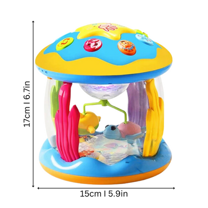 Buntes Babyspielzeug, Ozean-Thema, Musik, Lichter, Kunststoff, 17cm hoch, 15cm breit.