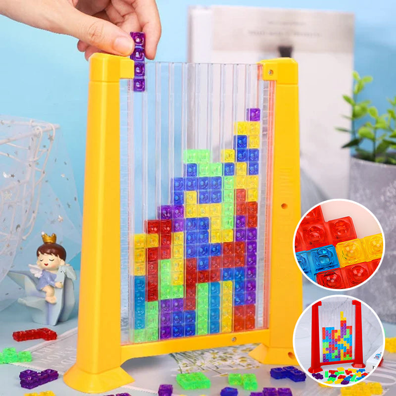 Buntes Tetris-Spielzeug aus Kunststoff, vertikal, mit Bausteinen, gelber Rahmen.