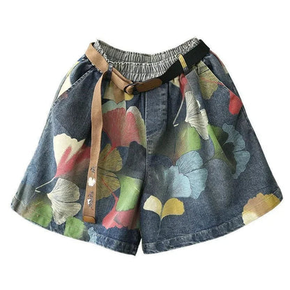 Damen-Jeansshorts mit Blumenmuster, elastischer Bund, Gürtel, Sommermode, bunt.