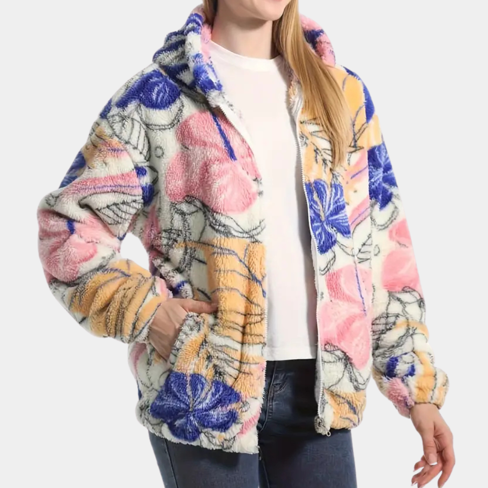 Flauschige Damenjacke mit Blumenmuster, Kapuze, Reißverschluss, rosa-blau-gelb, Freizeitmode.