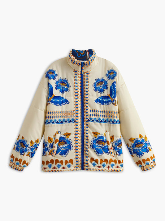 Bunte Damenjacke mit Blumenmuster, blau und beige, Stehkragen, Reißverschluss, modisch.