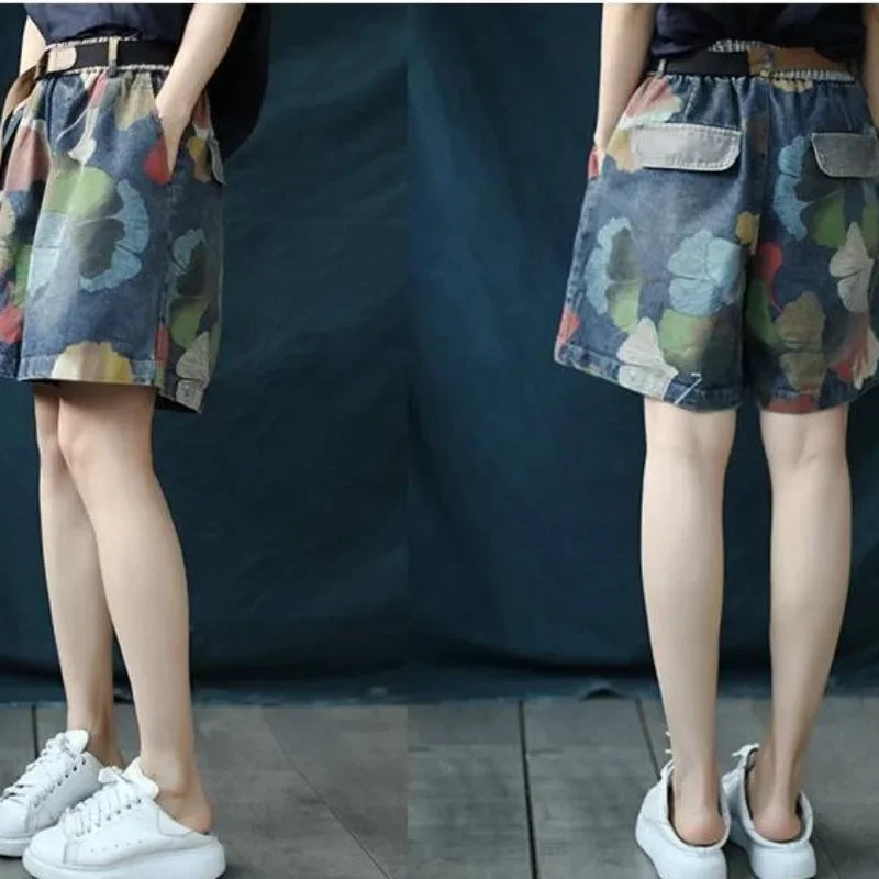 Damen-Shorts mit Blumenmuster, blau, lässig, Baumwolle, Sommermode, bequem, trendy.