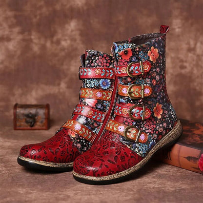 Bunte Damenstiefeletten mit Blumenmuster, Leder, modisch, bequem, Herbst-Winter-Schuhe.