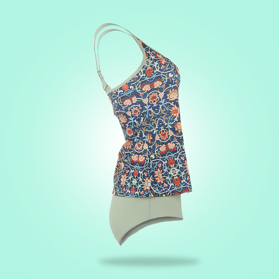Damen-Tankini mit floralem Muster, blau und grün, Badebekleidung, Sommermode.