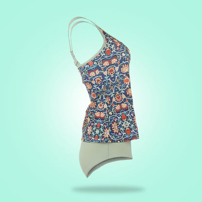 Damen-Tankini mit floralem Muster, blau und grün, Badebekleidung, Sommermode.