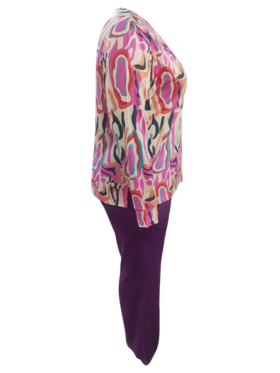 Bunte Damenbluse mit abstraktem Muster, langärmelig, aus Baumwolle, seitliche Ansicht.