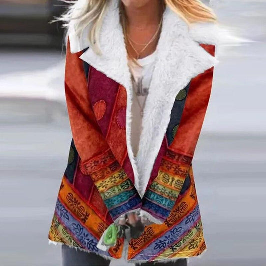 Bunte Damenjacke mit Ethno-Muster, Kunstpelzkragen, Herbstmode, Boho-Stil.